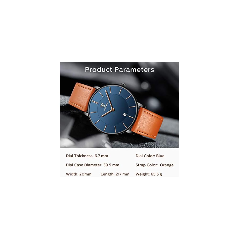 Minimalist Men's Analog Watch with Date Display and Leather Strap Orange Blue
