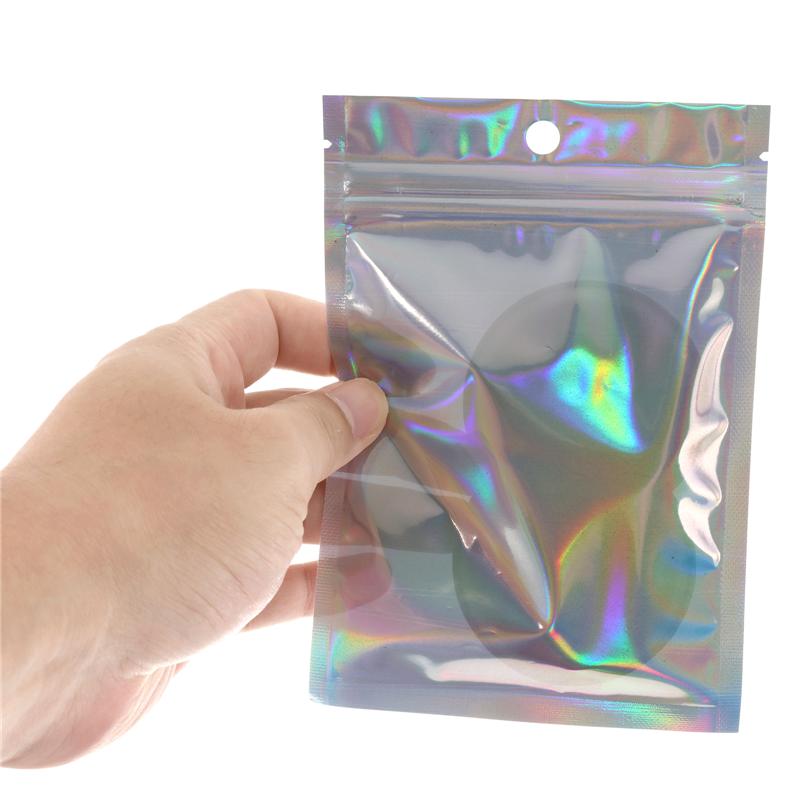 100Pcs Iridescent Zip Lock Bags Pouches Cosmetic Plastic Laser Iridescent Bags Holographic Makeup Bags Hologram Zipper Bags