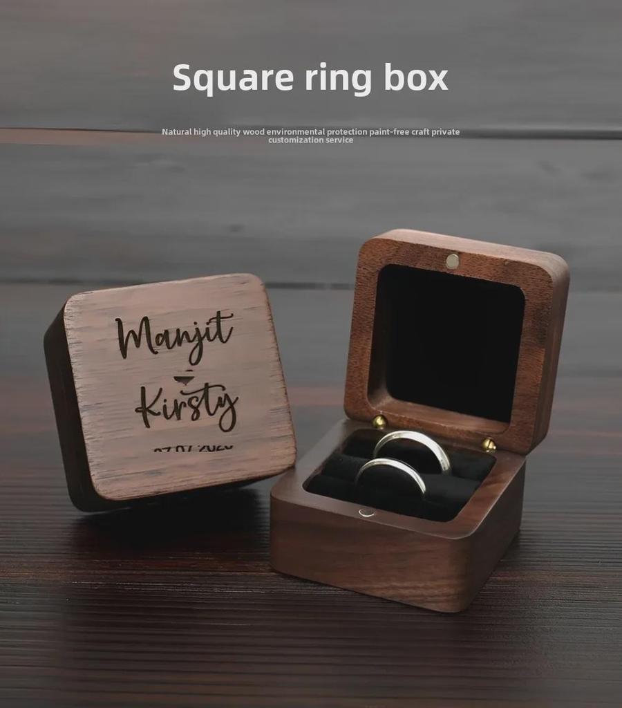 Walnut Solid Wood Double Groove Ring Box with Laser Pattern for Engagement or Proposal Rings
