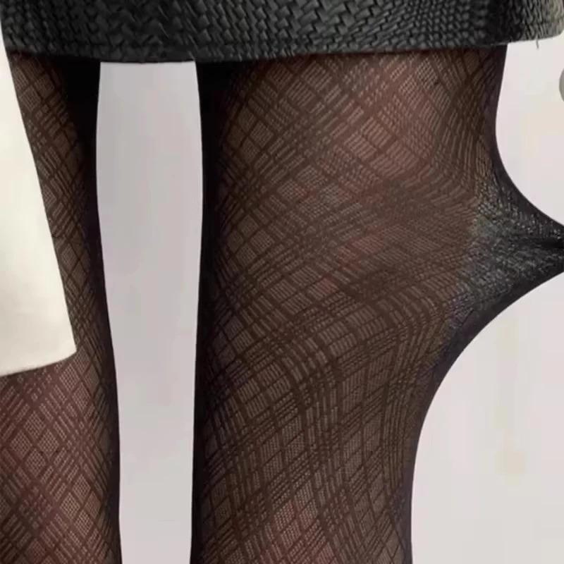 

1 Pair Lolita Lace Mesh Plaid Fishing Net Tights Women S Black Houndstooth Stockings Hollowed Out Bottomed Pantyhose Hot Tights One Size