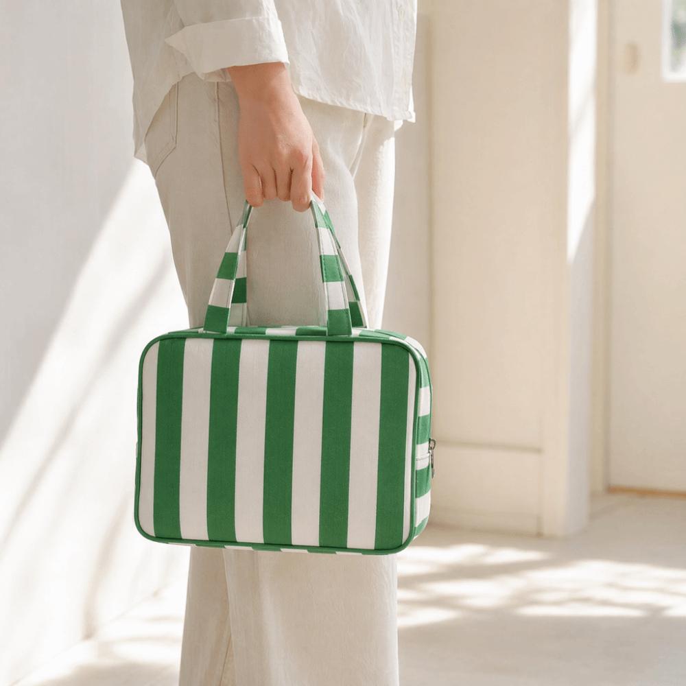 Large Capacity Travel Makeup Bag Collapsible Cosmetic Pouch Striped Toiletry Storage Bag Daily Use