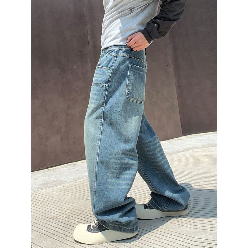 Wassup American High Street Fashion Brand Ripped Jeans for Men, Autumn and Winter Loose Straight-Leg Design Washed Wide-Leg Pants