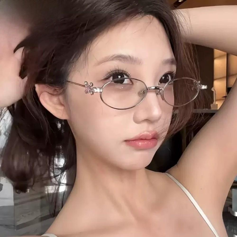 Bling Oval Women Eyewear Y2k Anti-Blue Light Spectacles Simple Rhinestone Sunglasses  Travel