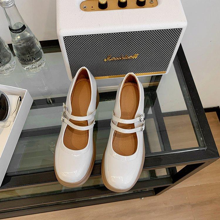 

Fashion New Women Pumps Round Toe Shallow Slip on Loafers Ladies Patent Leather Thick Heel Casual Office Mary Jane Shoes 35