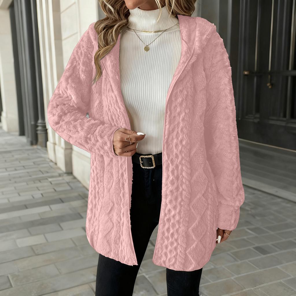 Damen Modischer Einfarbiger Langärmliger Lockerer Kapuzen-Cardigan Plüschjacke