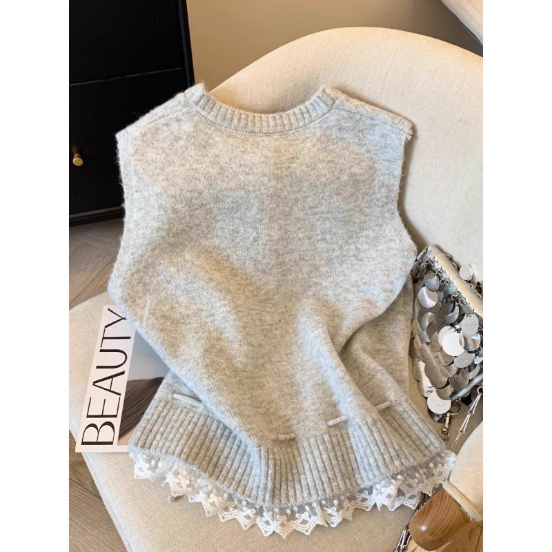 KANING Mjuk stickad väst med spetskant - 2025 Höst/Vinter Lager-tröja