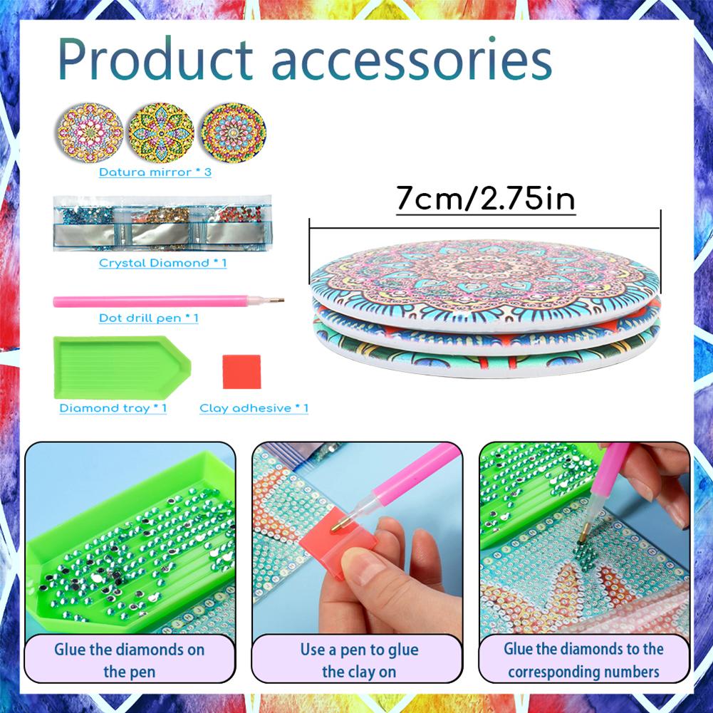 Rhinestone Embroidery Mosaic Makeup Mirror 3pcs Portable DIY Diamond Art Mosaic Makeup Mirror Art Craft Set Datura Pocket Mirror