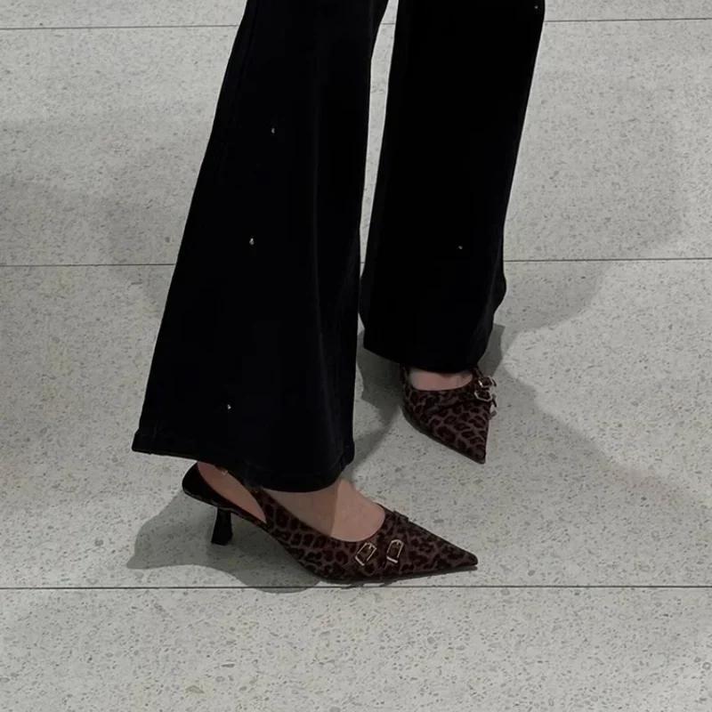 2025 New Spring Summer Leopard Women High Heel Sandals Elegant Pointed Toe Singbacks Shoes Dancing Party Prom Shoes