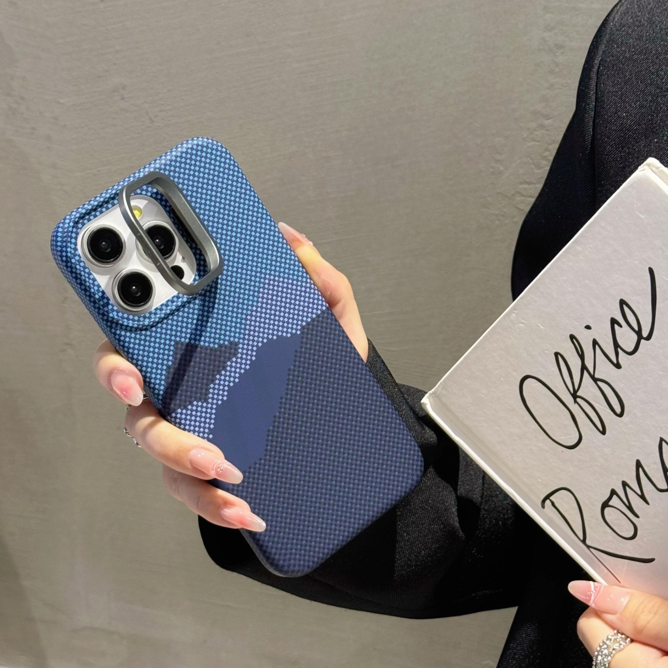 

Carbon Fiber Kevlar Pattern Magnetic Phone Case for iPhone 13 14 15 16 Pro Max Plus Kickstand Slim Protective Cover Luxury iPhone 16 Pro Max синій