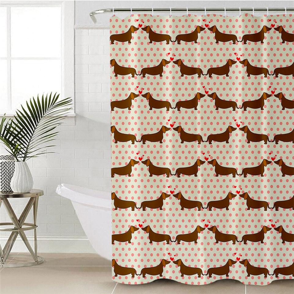 Dachshund Cartoon Dog Shower Curtain Polyester Waterproof Curtain Geometric Striped Kids Bath Curtain Home Decor with Hooks