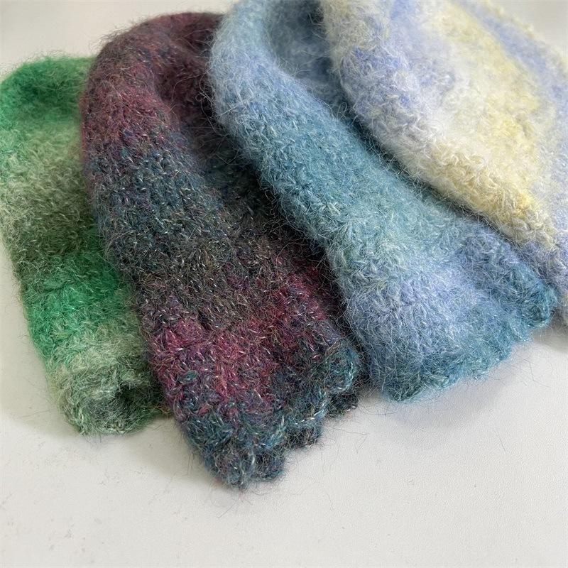 Wool Color Gradual Change Knitted Bucket Hat Women's Autumn and Winter Warm Face Small Ruffle Edge Wool Blend Basin Hat