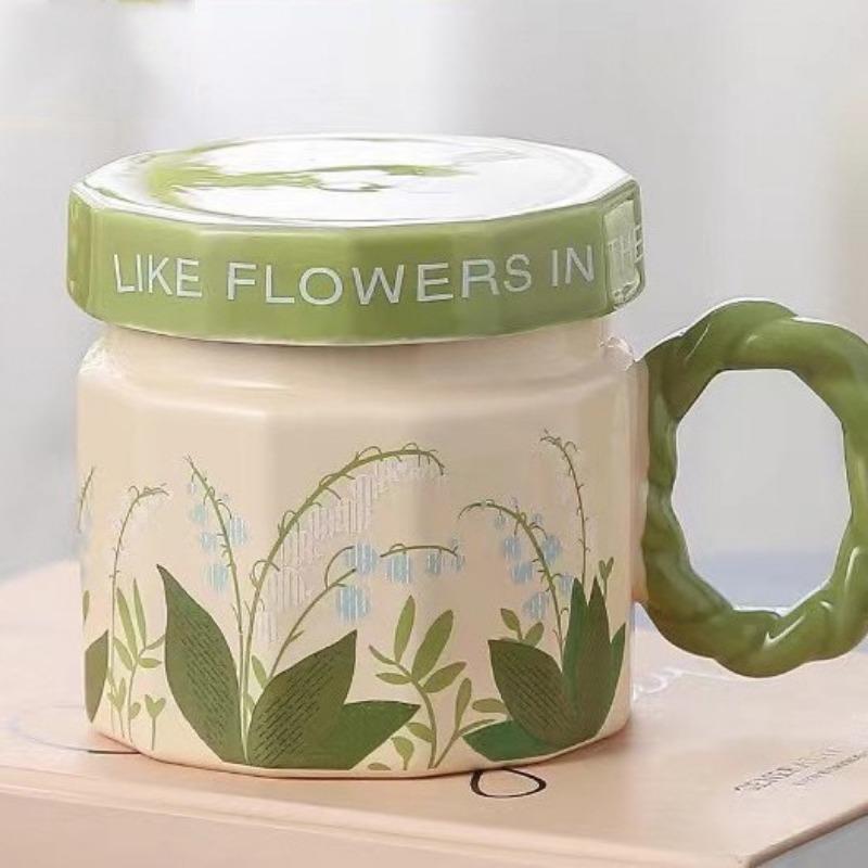 Retro Watercolor Flower Cup Ceramic Romantic Style Design Niche Coffee Mug Cover Light Luxury High End