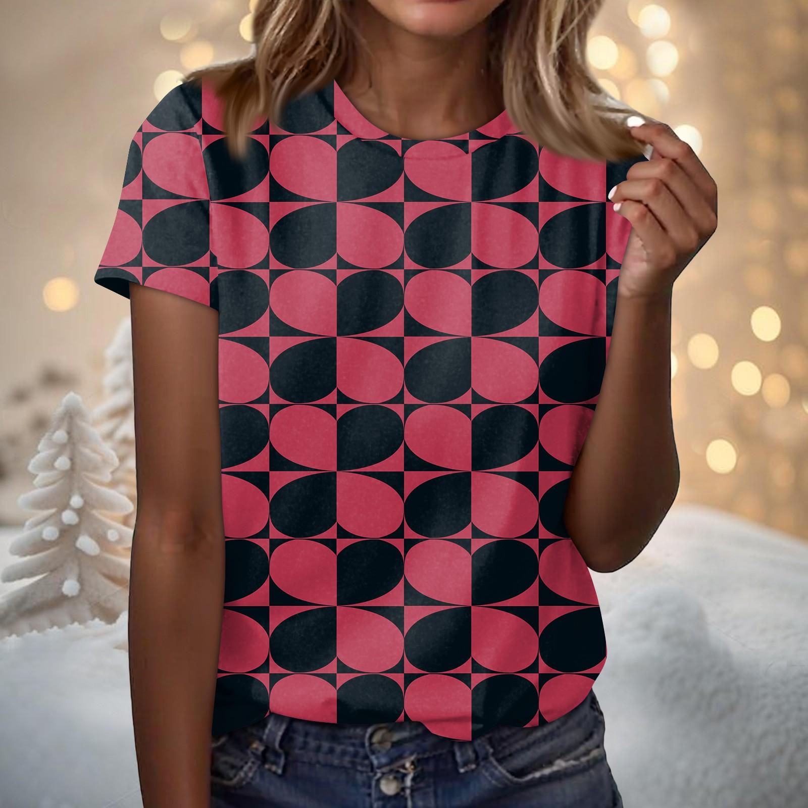 

Жіноча модна повсякденна футболка з короткими рукавами на День Святого Валентина з принтом і круглим вирізом XL винний