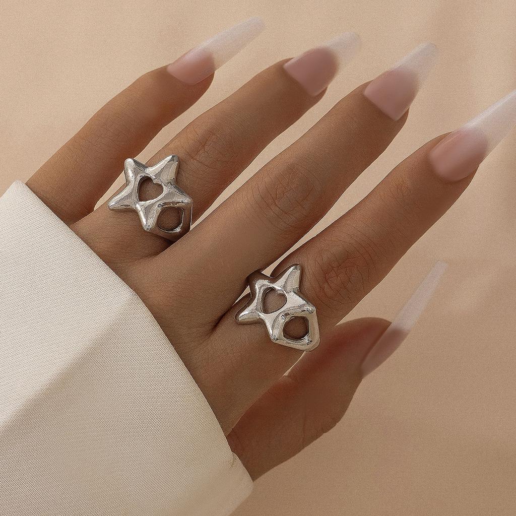 Sweet Cool Metal Hollow Five Pointed Star Ring Set Ring Simple Geometric Star Ring Female
