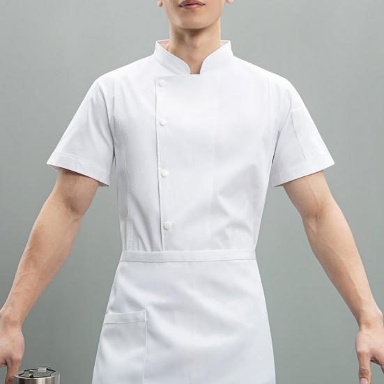 Chef Uniform Stand Collar Short Sleeve Chef Coat Single-Breasted Buttons Solid Color Workwear Professional Chef Apparel