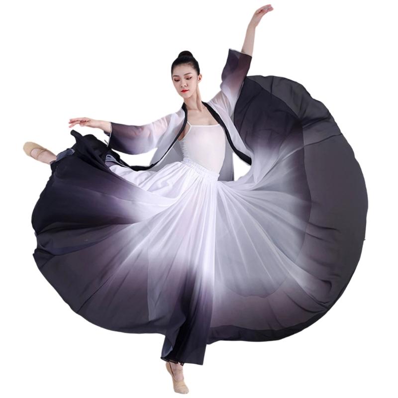 Women's Lyrical Dance Skirt Gradient Color Chiffon Long Swing Sheer Wrap Skirts for Modern Ballet Performances