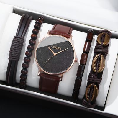 5pcs/set, Fashion Men's Casual Business Quartz Wristwatch And Bead Bracelets Set, Men's Gifts