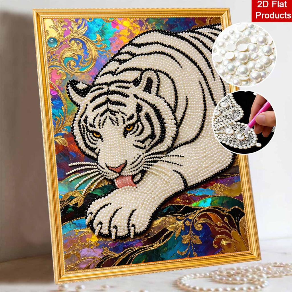 Shiny Pearl Elegant White Tiger DIY Painting Creative Bead Art Craft Household Wall Decoration Nice Present For Art Hobbyists Home Decor Accents