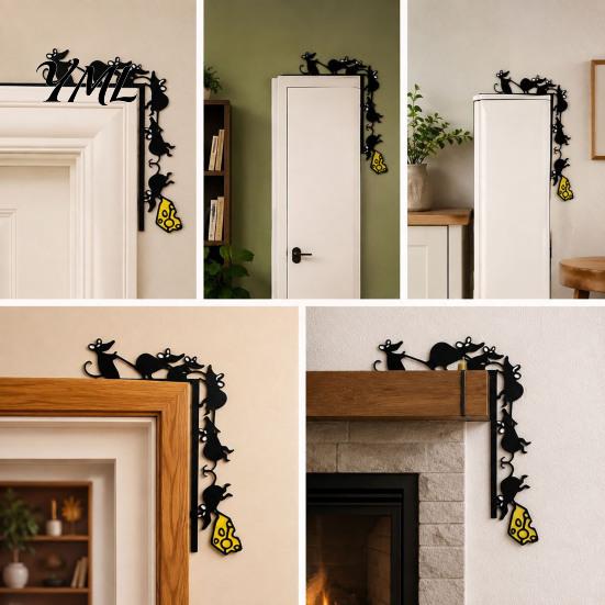 Christmas Party Decoration Metal Mouse Door Topper, Funny 6 Mice And Cheese Slice Frame Decor, Punch Free Cute Rats Wall Art Corner Sign for