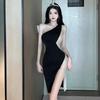 European & American Style Color Block One-Shoulder Slimming Dress - Sexy Summer Slit Vest Short Skirt