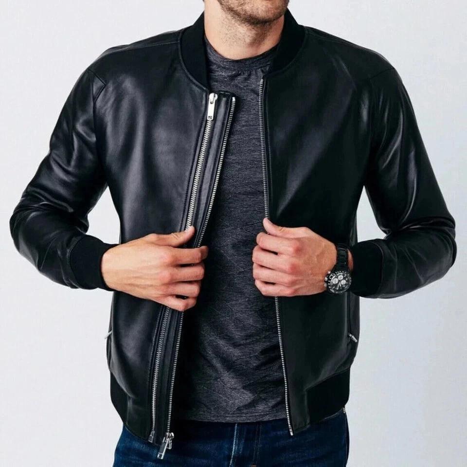 Jacket Bomber Handmade Leather Stylish Men's Black Genuine Lambskin Motorcycle Biker