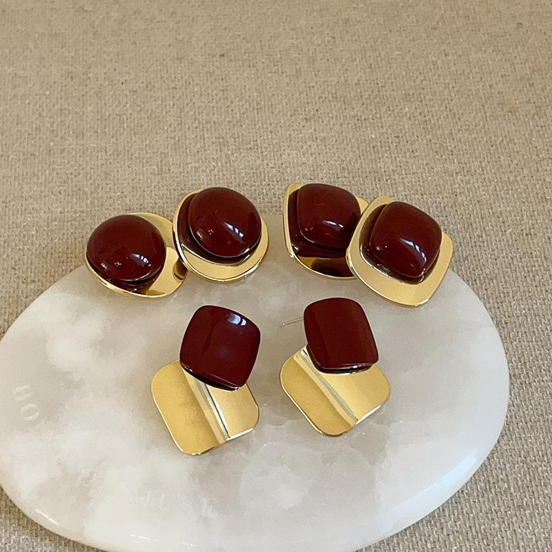 Boucles d'oreilles à tige géométriques en métal Ankola rouge, goutte d'huile, pour femmes, automne et hiver, légères, luxueuses, élégantes et polyvalentes