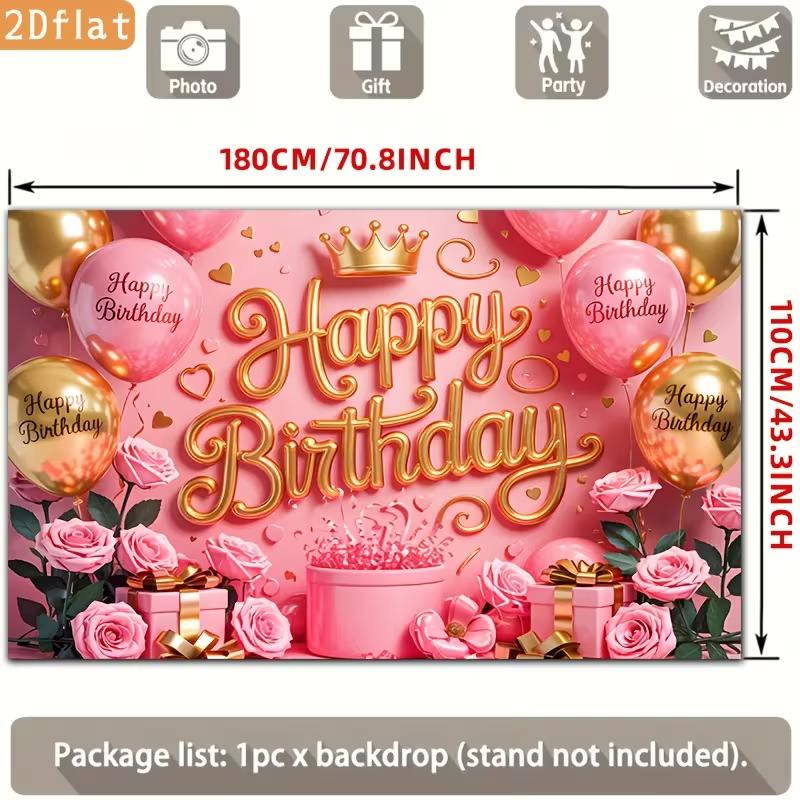 2D Sweet Pink Gold Birthday Backdrop Banner Princess Themed Happy Birthday Party Decor Background