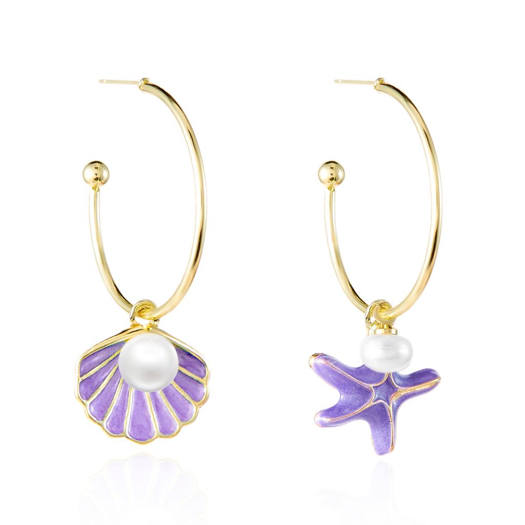 Sweet Temperament Colorful Oil-dripping Shell Starfish Pearl Dangle Earrings for Women Summer Beach Cute Jewelry Accessory Gift
