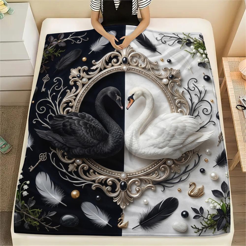 1Pc Black&White Swan Print Flannel Blanket, High quality Comfortable for All Seasons, Home Decor, Warmth and Comfort, Perfect for Christmas Gifts W33