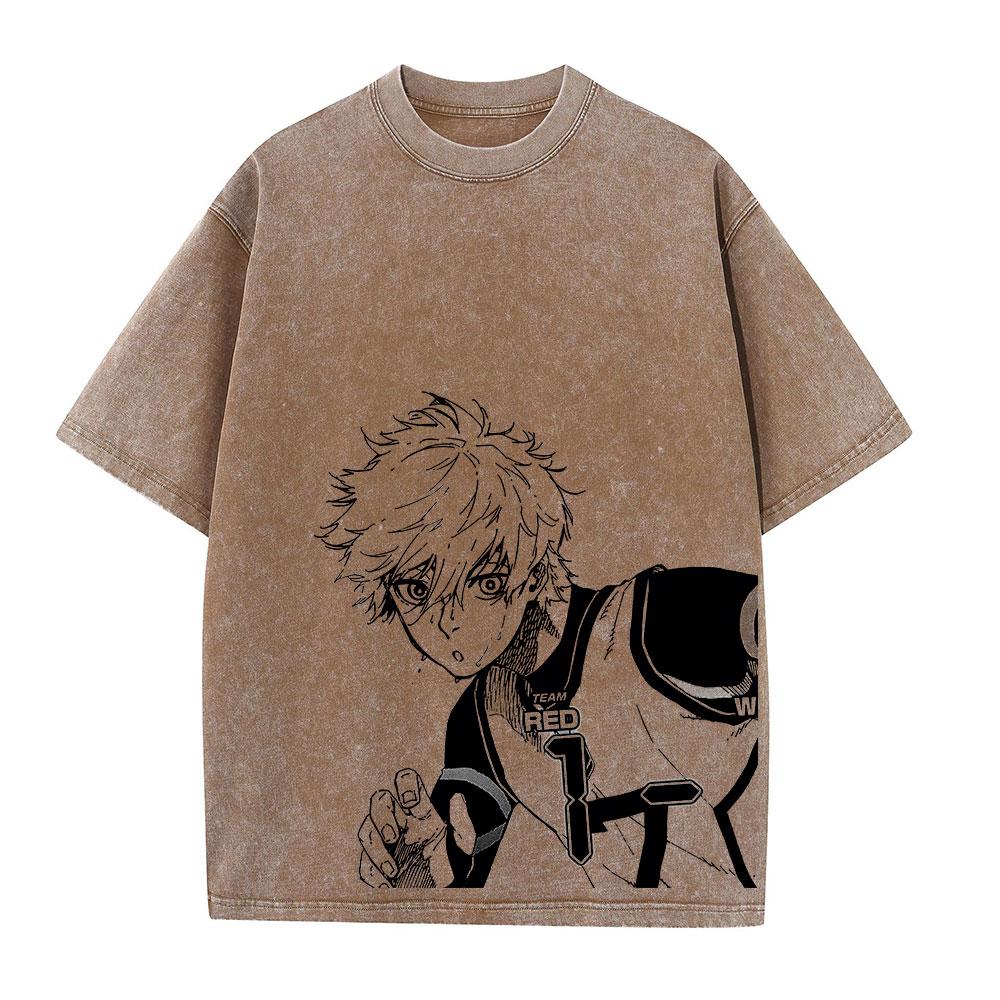 Anime Blue Lock Wash Tshirts Men Vintage Washed T Shirt Harajuku Oversize Cotton Tee Cotton Fashion Streetwear  Top