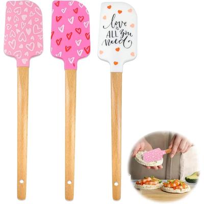3er-Pack Silikonspatel mit Holzgriffen Hitzebeständige Backspatel mit Schleifen aus rosa Satinband zum Backen Kochen