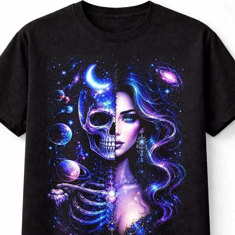Cosmic Skeleton Goddess Space Galaxy Moon Gothic Skull Unisex TShirt S
