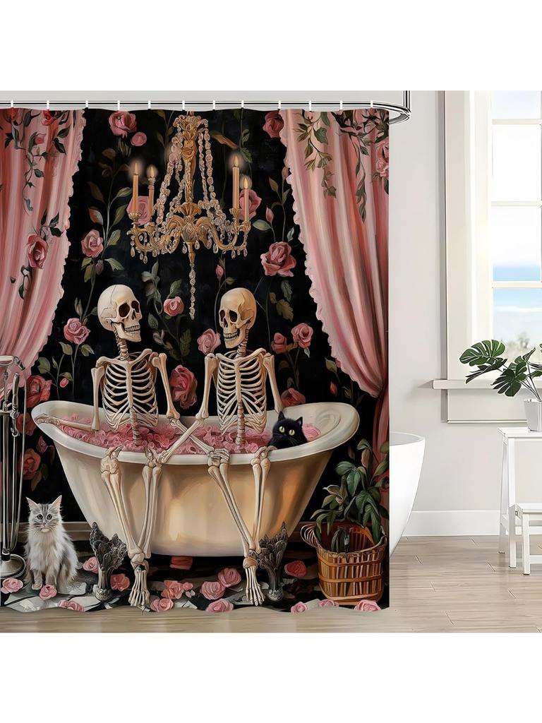 Rolig Skalle Skelett Duschdraperi Gotisk Spöklik Skelettälskare I Badkar Rosa Ros Blommig Svart Katt Halloween Läskig Skräck
