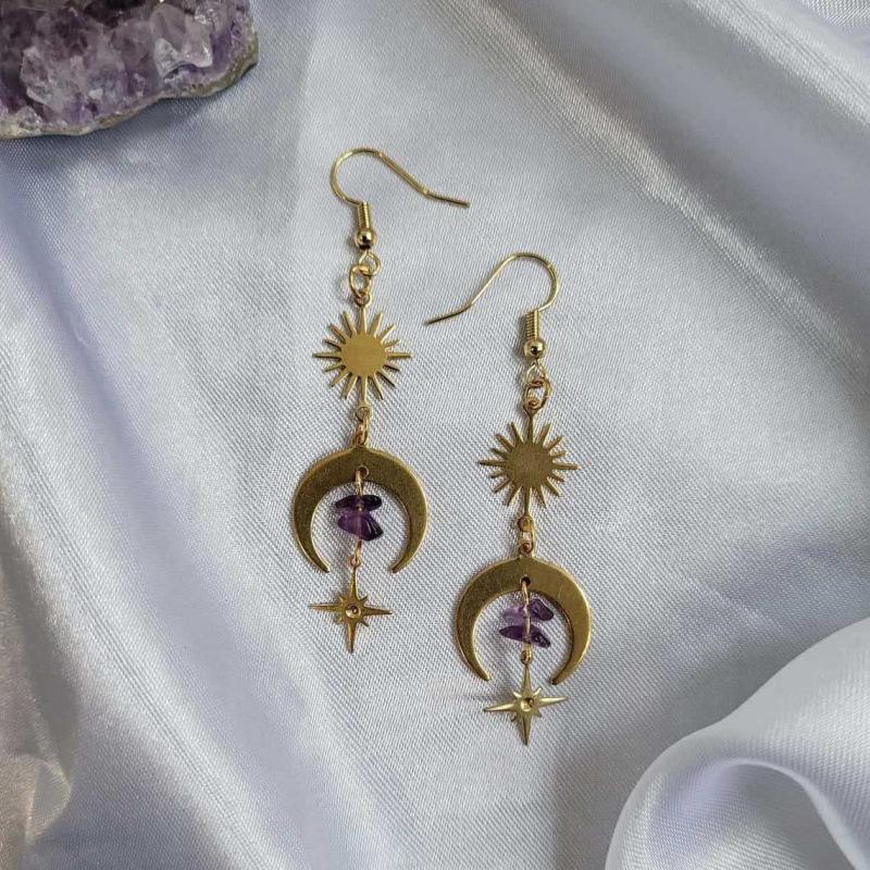 Bohemian Crystal Moon Earrings with Amethyst - Celestial Magic Christmas Gift