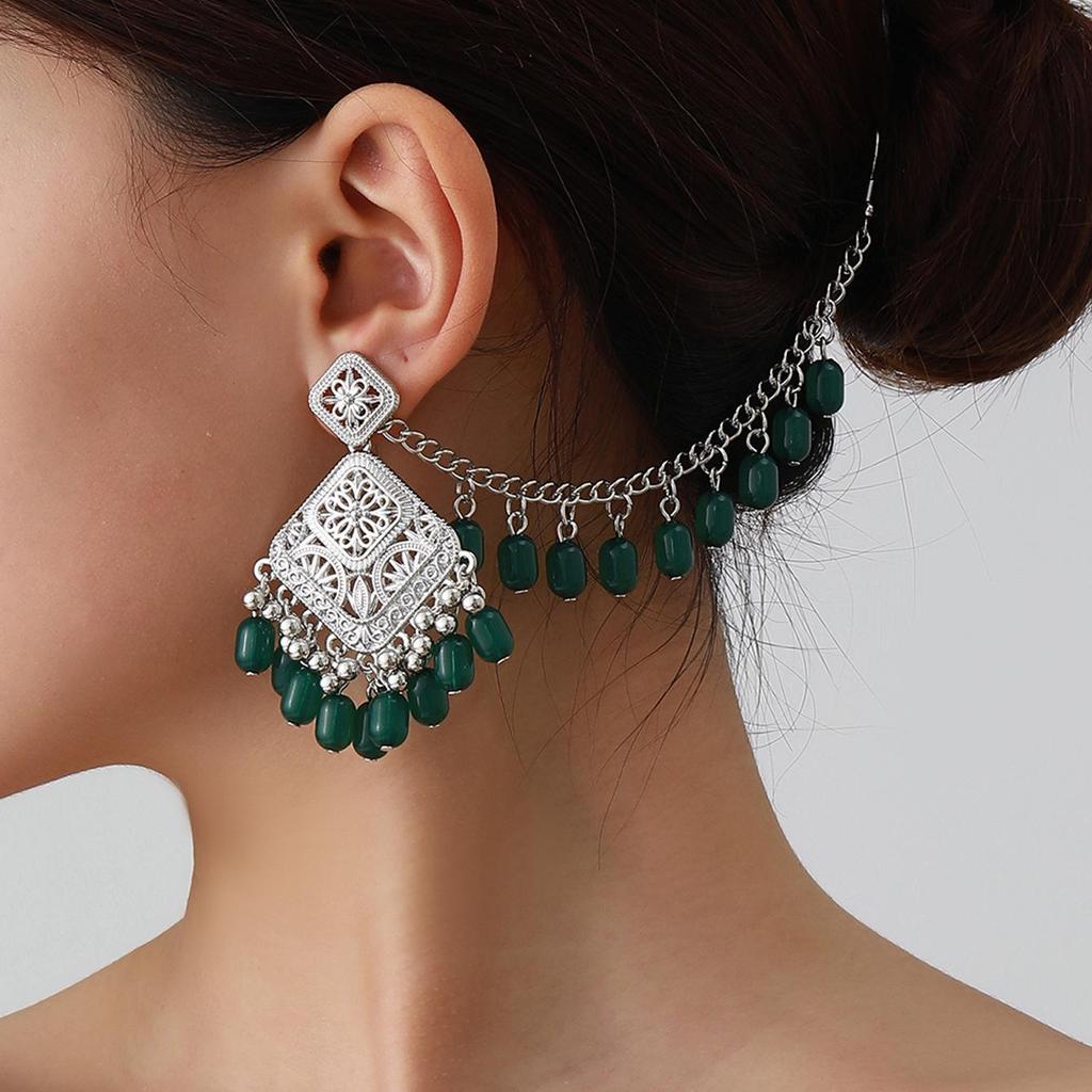 Bohemian Exotic Rhinestone Tassel Necklace & Earrings Set In Antiqued Alloy