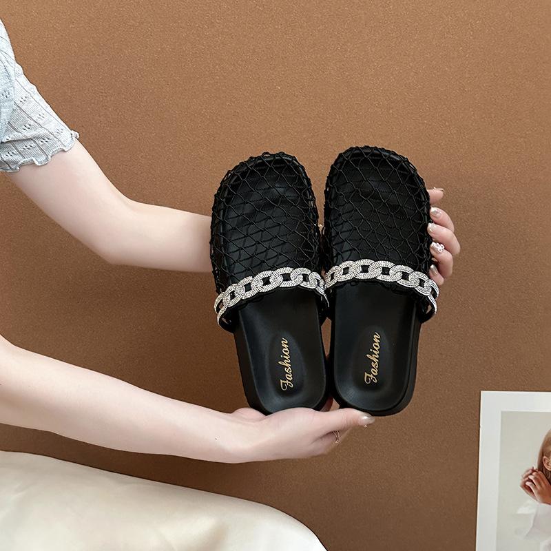 

Hollow rhinestone baotou fishing net sandals heavy industry baotou slippers women s 2025 summer new fashion cool slippers 35 чёрный