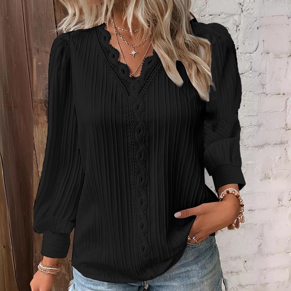 Elegant Hollow Lace Patchwork Women Shirt Chic Long Sleeved V-neck Design Fashion Shirt Plain Lace Casual Basic Regular Tops