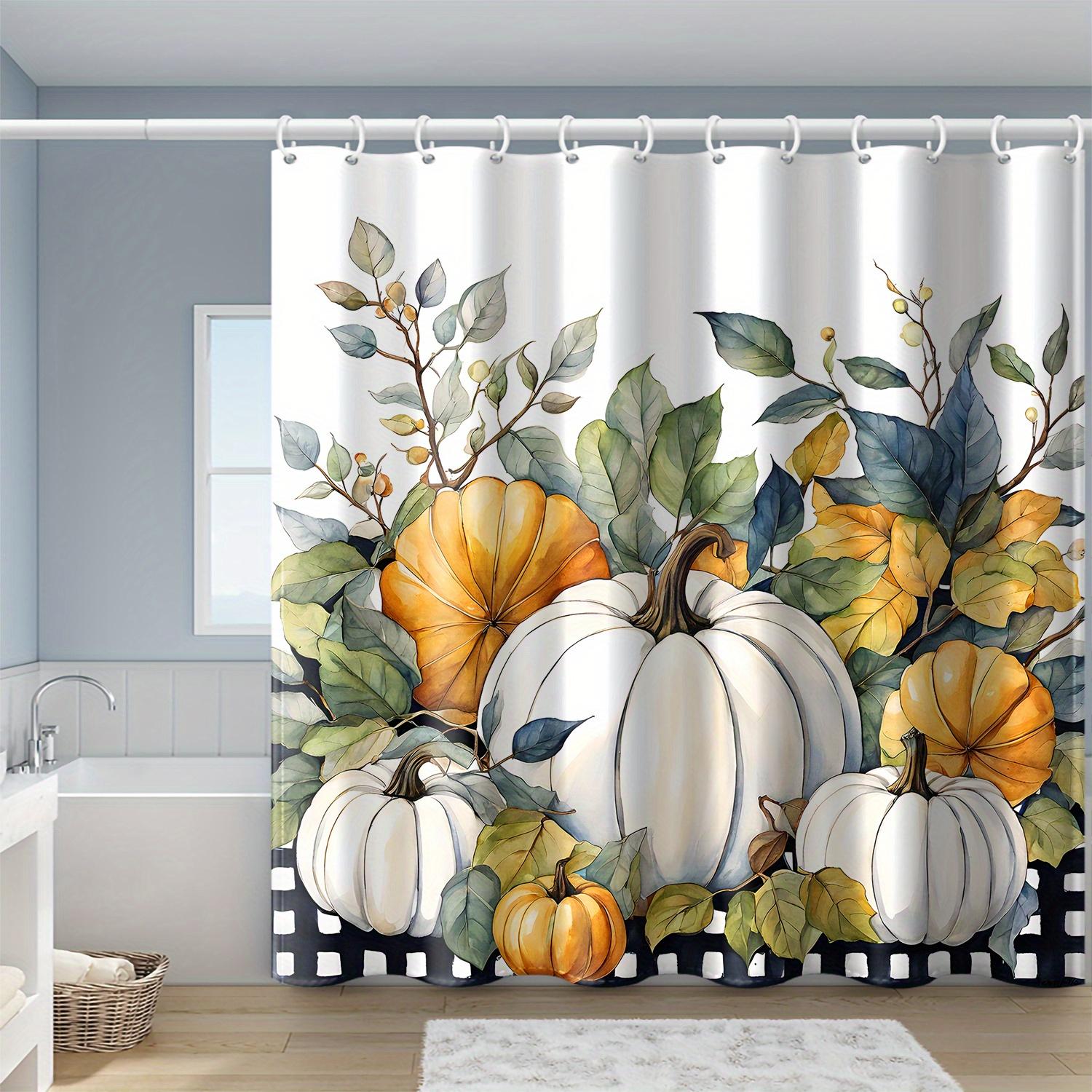 

Orange White Pumpkin Black And White Checkered Autumn Printed Shower Curtain, High Quality Polyester Fabric With Hooks W60H190(CM)-1 Pcs