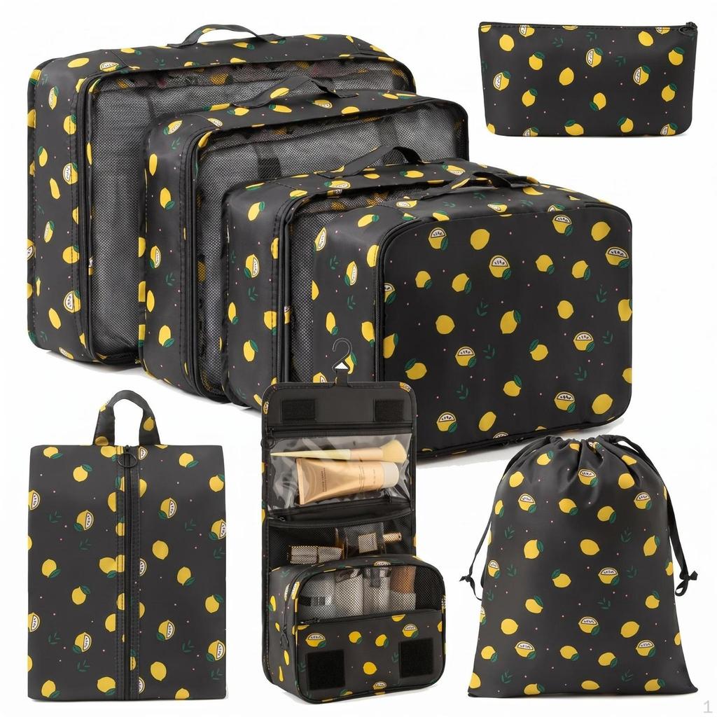 8 Pieces Travel Bag Set Mesh Panels Zippered Packing Cube SemiRigid Hanging Toiletry Gray