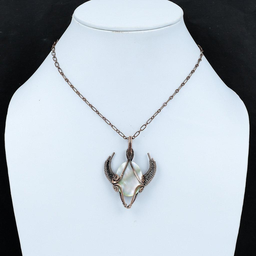 Mother Of Pearl Pendant Copper Wire Wrapped Pendant Handmade Copper Jewelry Bull Face Shape Pendants Gemstone Pendant For Gift Wire Jewelry