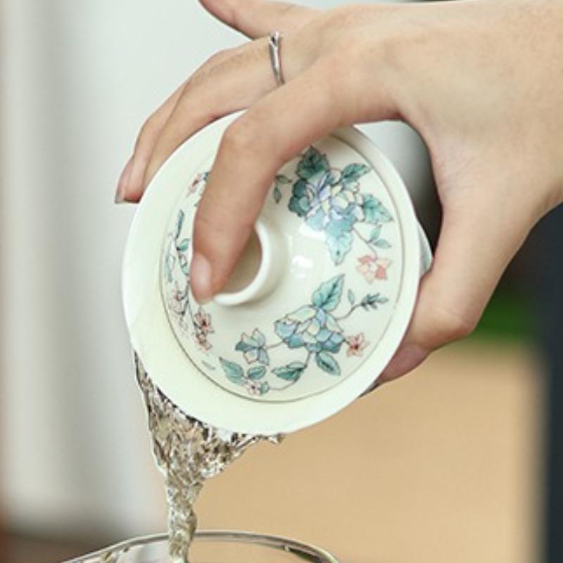 Porcelain Camellia Pattern Tea Tureen Kungfu Tea Cup Set Tea Infuser Traditional with Cover Teacup Tea Sealed Storage Jar