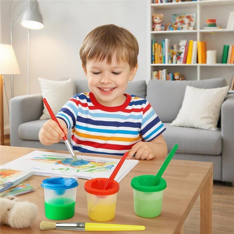ABMH-Spill-Proof Paint Cups(4 Pieces) And 4 Color Hog Bristle Brush Set With Handles For Kids