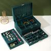 Vintage Ink Green Velvet Jewelry Box with Three Layers for Watches, Earrings, and Necklaces
