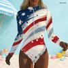 Women Plus Size High Neck Front Zip Long Sleeve One Piece Firework Printed Swimsuit Dark Navy