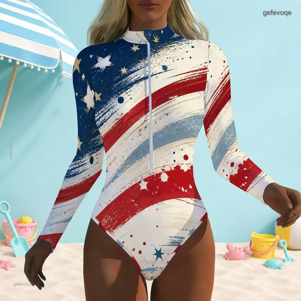 Women Plus Size High Neck Front Zip Long Sleeve One Piece Firework Printed Swimsuit Dark Navy