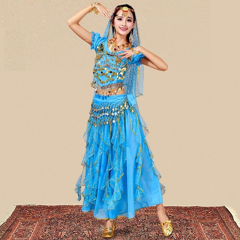 Bollywood Dress Adult Costume Women Oriental Sari Indian Arabic Dance Belly Clothing Performance Chiffon Skirt Set Clothes