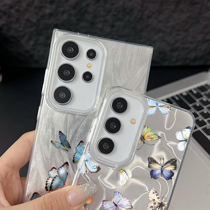 Butterfly Pattern Feather Sparkling Phone Case For Samsung S25 Ultra S24 FE S23 A56 A36 A16 A55 TPU Soft Edge Slim Shockproof Hard PC Bumper Cover