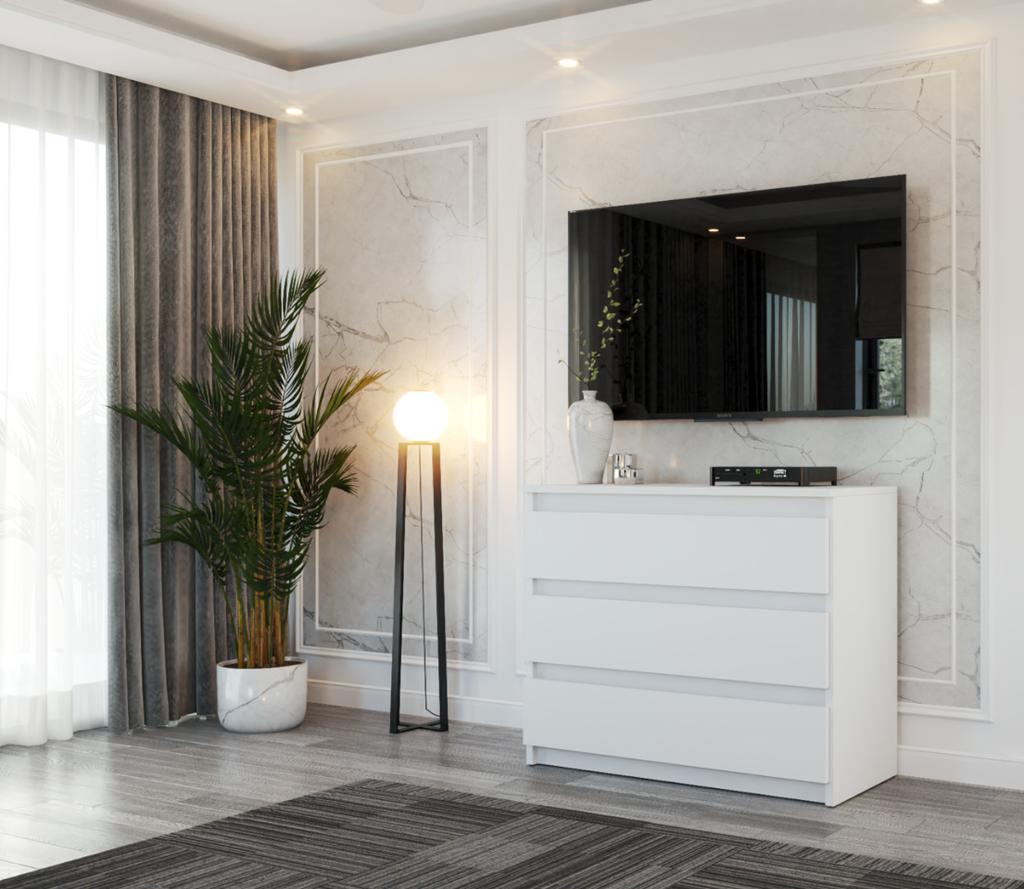 Weiße Kommode 80 CM 3S TV-Schrank Möbel für Wohnzimmer Schlafzimmer Dachboden