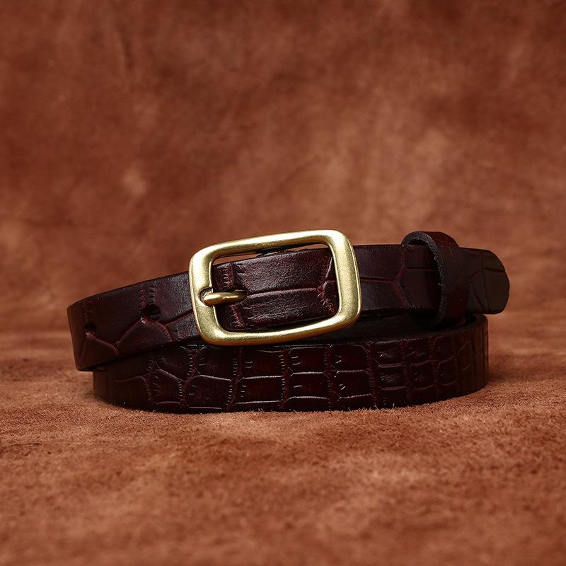 Fine Women's Belt Italian Retro Fashion All-Matching Decorative Genuine Cattlehide Leather Surface Pressure Crocodile Pattern Belt for Women