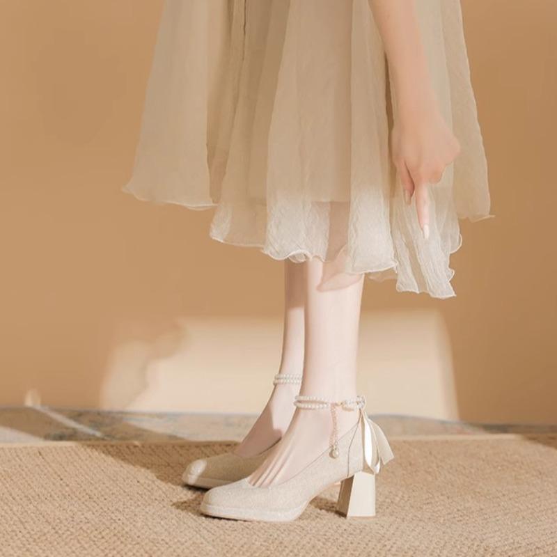 Fashion Women's Chunky Single Shoes Spring New Square Head Shallow Mouth Sequin Bead Butterfly Knot Anti-slip Wear-resistant High Heels